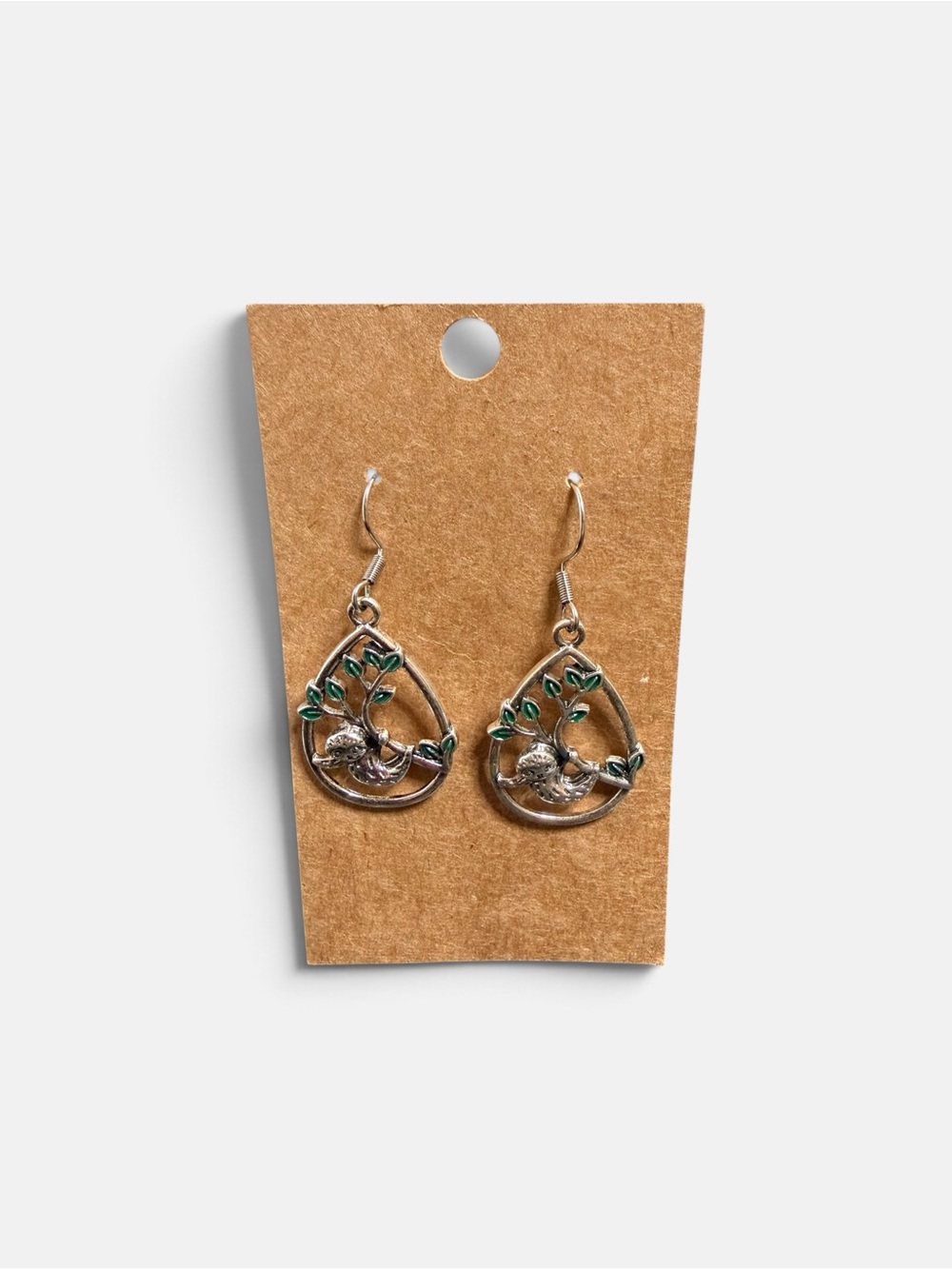 Silver-tone Sloth and Branch Dangle Earrings with Green Leaves